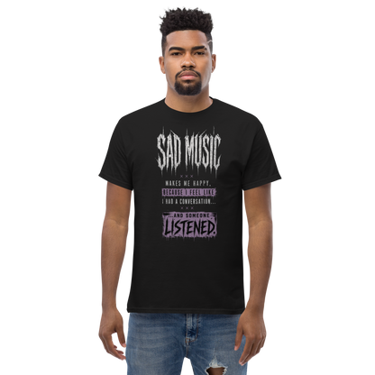 Sad Music Makes Me Happy quote tee black front on model - emo alt gothic streetwear shirt