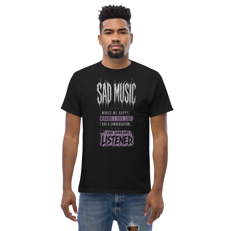 Sad Music Makes Me Happy quote tee black front on model - emo alt gothic streetwear shirt