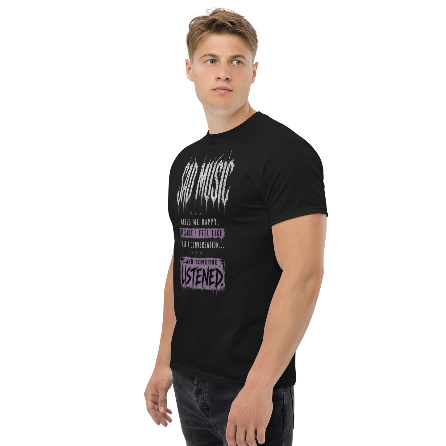Sad Music Makes Me Happy tee black left-front view on model - unisex gothic alt tee