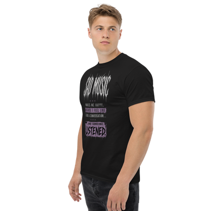 Sad Music Makes Me Happy tee black left-front view on model - unisex gothic alt tee