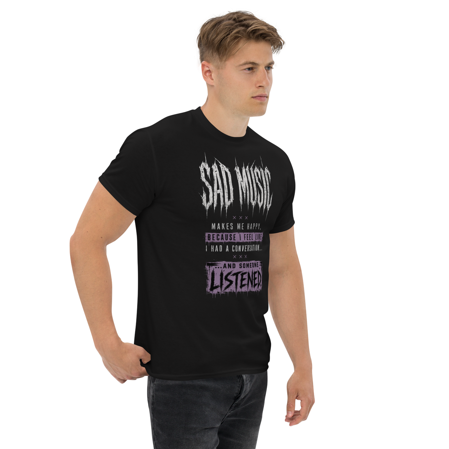 Sad Music Makes Me Happy tee black right-front model view - emo metal streetwear shirt