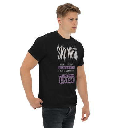 Sad Music Makes Me Happy tee black right-front model view - emo metal streetwear shirt